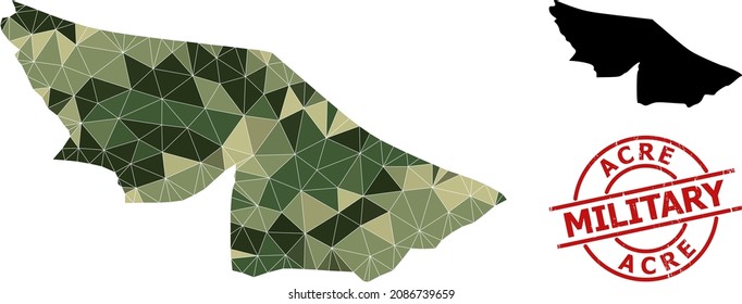 Mapa de mosaico de bajo contenido de polaco del estado de Acre y estampado de sello militar rascado. El mapa de bajo nivel de pólvora del estado de Acre se construye a partir de triángulos llenos de camuflaje al azar.