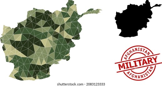 Low-Poly mosaic map of Afghanistan, and grunge military stamp seal. Low-poly map of Afghanistan is constructed of scattered khaki color triangles.