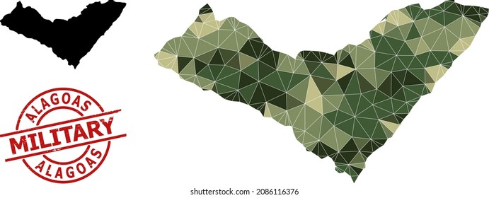 Lowpoly mosaic map of Alagoas State, and rubber military rubber seal. Low-poly map of Alagoas State constructed from randomized camouflage colored triangles.