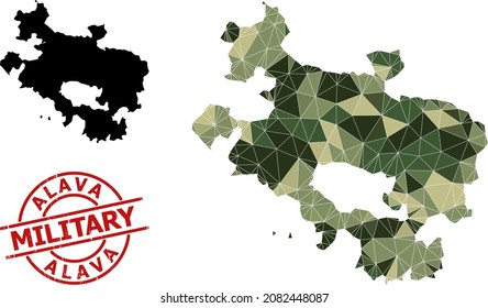 Low-Poly mosaic map of Alava Province, and textured military stamp print. Low-poly map of Alava Province is combined of randomized khaki colored triangles.