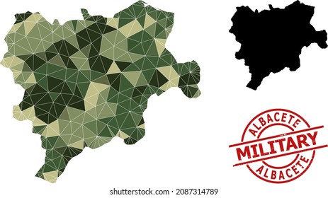 Low-Poly mosaic map of Albacete Province, and textured military seal. Low-poly map of Albacete Province is combined of chaotic camo filled triangles.