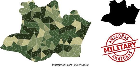 Low-Poly mosaic map of Amazonas State, and grunge military stamp. Low-poly map of Amazonas State is designed from scattered camo colored triangles.