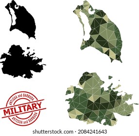 Low-Poly-Mosaik-Karte von Antigua und Barbuda, und unklare Militärstempelrobbe. Die Low-Poly-Karte von Antigua und Barbuda ist mit randomisierten Camo-Farbdreiecken konstruiert.