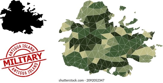 Low-Poly-Mosaik-Karte von Antigua Island, und Not militärischen Stempel Siegel. Low-Poly-Karte von Antigua Island kombiniert mit chaotischen Tarnung gefüllten Dreiecken.
