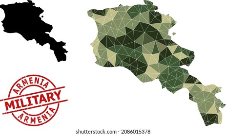 Low-Poly-Mosaik-Karte von Armenien und Not militärischen Stempel Imitation. Low-Poly-Karte von Armenien kombiniert aus randomisierten Camo-farbenen Dreiecken.