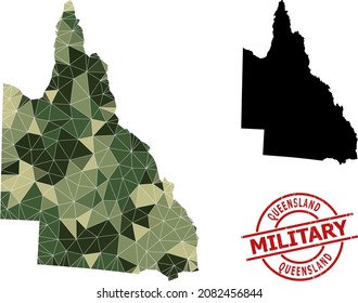 Lowpoly mosaic map of Australian Queensland, and grunge military stamp seal. Lowpoly map of Australian Queensland designed with scattered camouflage filled triangles.