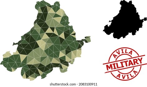 Low-Poly mosaic map of Avila Province, and distress military stamp. Low-poly map of Avila Province is designed with scattered camo colored triangles.