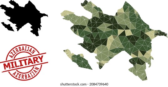 Low-Poly mosaic map of Azerbaijan, and scratched military stamp print. Low-poly map of Azerbaijan designed with random camo filled triangles.