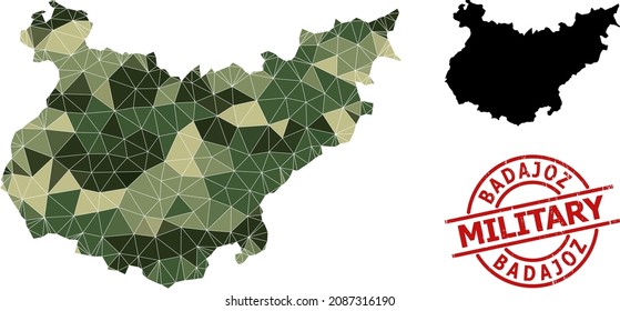 Low-Poly mosaic map of Badajoz Province, and rough military seal. Low-poly map of Badajoz Province is designed from scattered camo color triangles.