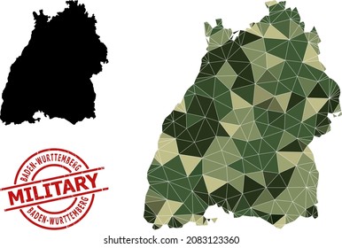 Low-Poly mosaic map of Baden-Wurttemberg State, and rubber military badge. Low-poly map of Baden-Wurttemberg State constructed of scattered camouflage colored triangles.