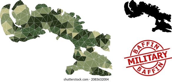 Lowpoly mosaic map of Baffin Island, and unclean military stamp imitation. Lowpoly map of Baffin Island constructed with scattered khaki filled triangles.