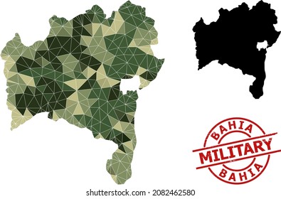 Lowpoly mosaic map of Bahia State, and rubber military stamp imitation. Lowpoly map of Bahia State constructed of scattered camo colored triangles.