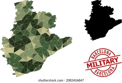 Lowpoly mosaic map of Barcelona Province, and textured military stamp. Lowpoly map of Barcelona Province constructed with randomized camo color triangles.