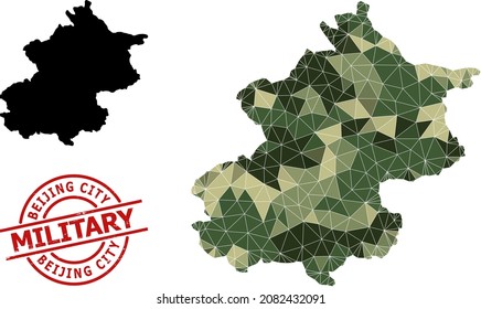 Low-Poly mosaic map of Beijing Municipality, and rubber military badge. Low-poly map of Beijing Municipality constructed with randomized khaki colored triangles.