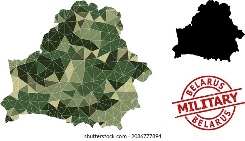 Low-Poly mosaic map of Belarus, and grunge military watermark. Low-poly map of Belarus designed from scattered khaki colored triangles. Red round stamp for military and army abstract illustrations,