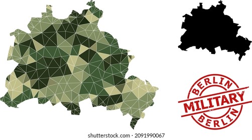Low-Poly mosaic map of Berlin City, and scratched military stamp. Low-poly map of Berlin City designed of randomized camouflage colored triangles.