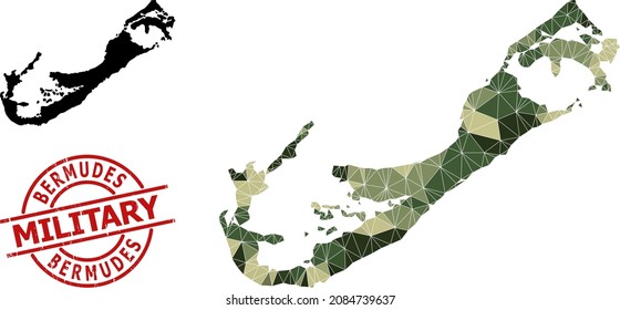 Mapa de mosaicos de bajo contenido de polígono de las islas Bermudas y estampado de sellos militares texturados. Mapa de bajo nivel de pólvora de las islas Bermudas construido con triángulos llenos de caqui al azar.