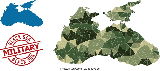 Low-Poly mosaic map of Black Sea, and textured military stamp. Low-poly map of Black Sea is combined with scattered camo color triangles.