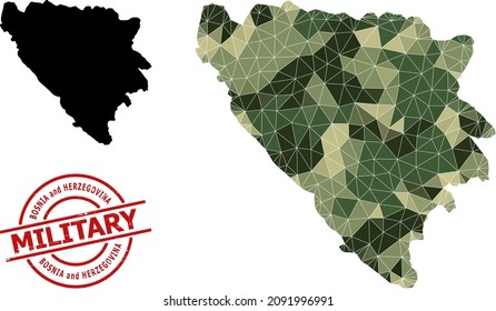 Low-Poly mosaic map of Bosnia and Herzegovina, and textured military stamp. Low-poly map of Bosnia and Herzegovina designed from random camouflage color triangles.