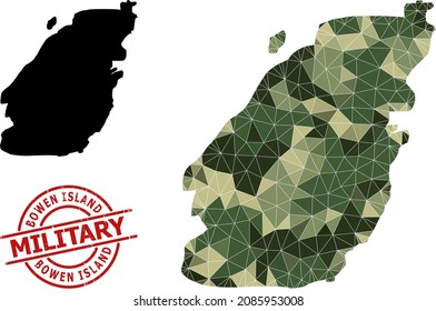 Low-Poly mosaic map of Bowen Island, and rubber military stamp print. Lowpoly map of Bowen Island combined of chaotic khaki colored triangles.