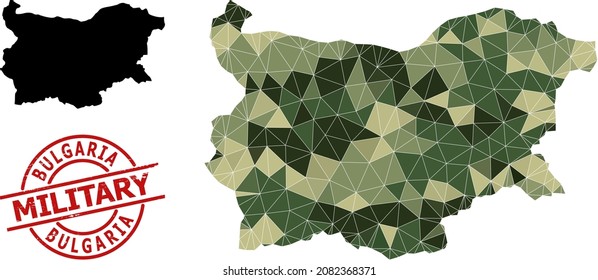 Low-Poly mosaic map of Bulgaria, and distress military stamp print. Low-poly map of Bulgaria designed with chaotic camo color triangles. Red round stamp for military and army abstract illustrations,