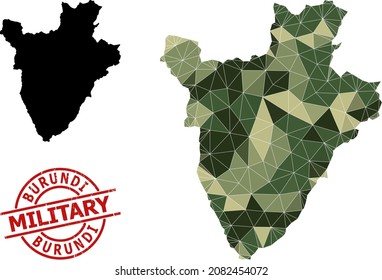Mapa de mosaico de bajo contenido de póliza de Burundi y sello de goma militar. Mapa de bajo perfil de Burundi combinado con triángulos de color de camuflaje aleatorio. Estampilla roja redonda para las ilustraciones de concepto militar y militar,