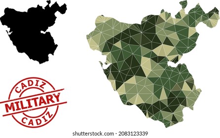 Low-Poly mosaic map of Cadiz Province, and rubber military badge. Low-poly map of Cadiz Province constructed of chaotic khaki filled triangles.