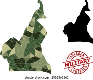 Low-Poly-Mosaik-Karte Kameruns und grunge Militärstempelimitation. Die Low-Poly-Karte Kameruns wird mit verstreuten khaki Farbdreiecken kombiniert.