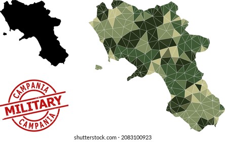 Low-Poly mosaic map of Campania region, and grunge military stamp print. Low-poly map of Campania region is combined of randomized camo color triangles.