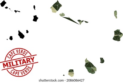 Low-Poly mosaic map of Cape Verde Islands, and unclean military badge. Low-poly map of Cape Verde Islands designed from randomized khaki color triangles.