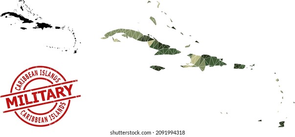 Lowpoly mosaic map of Caribbean Islands, and rough military stamp imitation. Lowpoly map of Caribbean Islands is constructed with randomized camo color triangles.