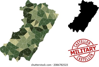Low-Poly mosaic map of Castellon Province, and unclean military rubber seal. Low-poly map of Castellon Province is combined with chaotic khaki color triangles.