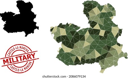 Low-Poly mosaic map of Castile-La Mancha Province, and distress military seal. Low-poly map of Castile-La Mancha Province combined from scattered khaki colored triangles.