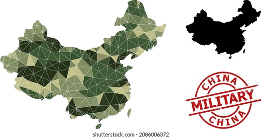 Mapa de mosaico de bajo contenido de polaco de China y estampado militar de socorro. El mapa de China con bajo nivel de póliza está diseñado con triángulos de color caqui dispersos.