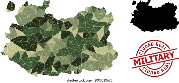 Low-Poly mosaic map of Ciudad Real Province, and rubber military seal. Low-poly map of Ciudad Real Province is combined of random camouflage colored triangles.