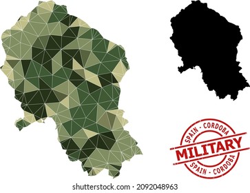 Lowpoly mosaic map of Cordoba Spanish Province, and rough military stamp imitation. Lowpoly map of Cordoba Spanish Province is combined of randomized camo color triangles.