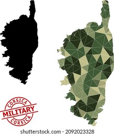 Mapa de mosaico de bajo contenido de polaco de Córcega, y sello militar grueso. Mapa de baja polilla de Córcega diseñado con triángulos de color de camo dispersos. Estampilla roja redonda para las ilustraciones de concepto militar y militar,