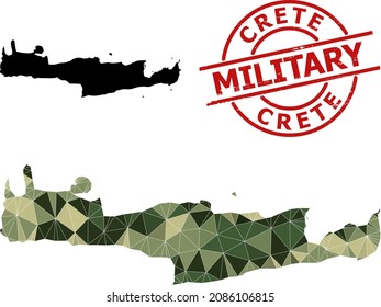 Low-Poly mosaic map of Crete Island, and scratched military seal. Low-poly map of Crete Island is combined from random camo filled triangles.