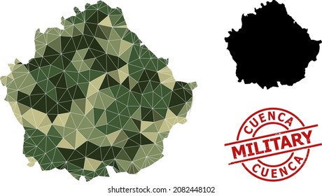 Lowpoly mosaic map of Cuenca Province, and rubber military stamp seal. Low-poly map of Cuenca Province is combined with chaotic khaki filled triangles.
