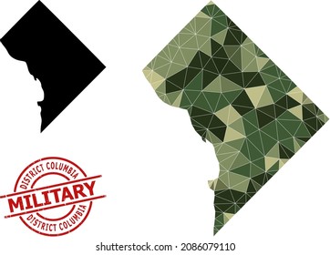Lowpoly mosaic map of District Columbia, and scratched military stamp. Lowpoly map of District Columbia is designed from chaotic camouflage filled triangles.