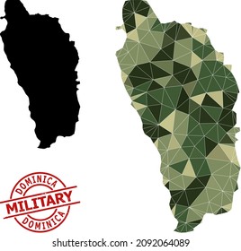 Low-Poly mosaic map of Dominica Island, and textured military stamp print. Low-poly map of Dominica Island designed of scattered camouflage color triangles.