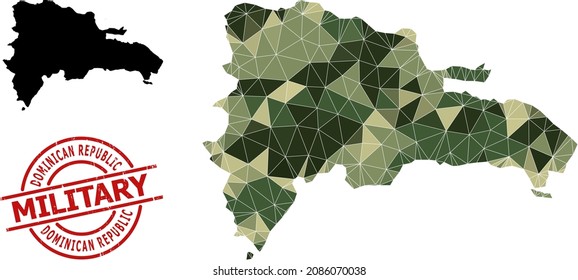 Low-Poly mosaic map of Dominican Republic, and grunge military stamp imitation. Low-poly map of Dominican Republic is constructed from random khaki colored triangles.