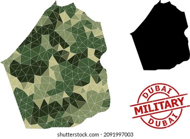 Mapa de mosaicos de bajo contenido de póliza del Emirato de Dubai y sello militar de grueso. Mapa de bajo nivel de póliza del emirato de Dubai se construye con triángulos de color de camuflaje al azar.