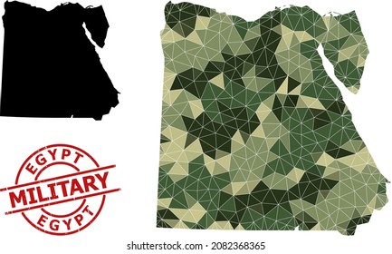 Low-Poly mosaic map of Egypt, and rubber military stamp print. Low-poly map of Egypt combined of randomized camouflage filled triangles. Red round stamp for military and army concept illustrations,