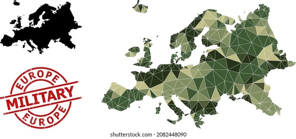 Low-Poly mosaic map of Europe, and rubber military stamp print. Low-poly map of Europe is constructed from chaotic khaki filled triangles.