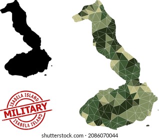 Low-Poly mosaic map of Galapagos - Isabela Island, and distress military stamp print. Low-poly map of Galapagos - Isabela Island constructed of randomized khaki colored triangles.