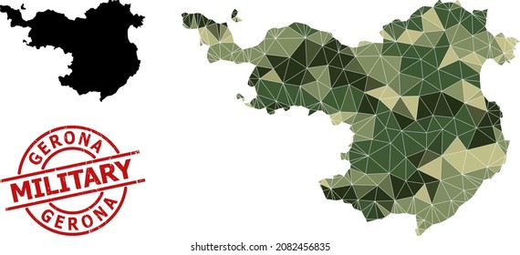 Low-Poly mosaic map of Gerona Province, and distress military stamp imitation. Low-poly map of Gerona Province designed of chaotic camo colored triangles.