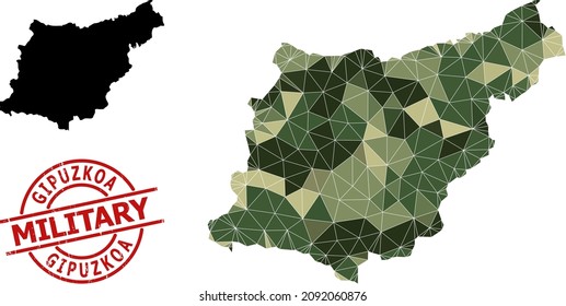 Low-Poly mosaic map of Gipuzkoa Province, and scratched military stamp imitation. Low-poly map of Gipuzkoa Province combined with chaotic khaki filled triangles.