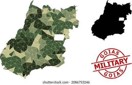 Low-Poly mosaic map of Goias State, and unclean military stamp. Low-poly map of Goias State is constructed of chaotic khaki filled triangles.