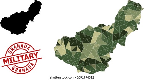 Low-Poly mosaic map of Granada Province, and grunge military stamp print. Low-poly map of Granada Province is combined of randomized camo colored triangles.